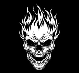 flaming skull face illustration black and white style