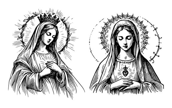 virgin mary sacred heart line art religious illustration