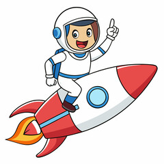 astronaut riding a cartoon rocket.