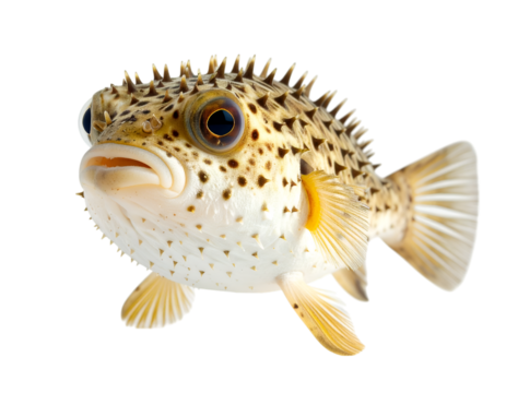 Spiky Pufferfish in Focus: Captivating close-up of a distinctive spiky pufferfish with mesmerizing eyes and unique patterns, showcasing its spherical form.