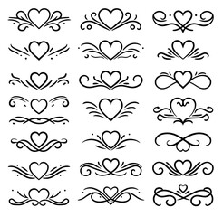romantic heart dividers decorative set line art
