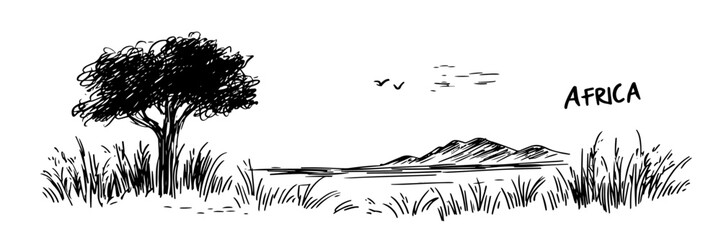 african savanna with tree mountain and grass sketch © Mago