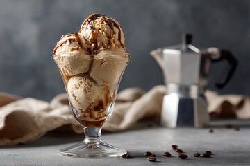 Coffee Ice Cream in Glass Goblet with Espresso Swirl and Urban Café Ambiance