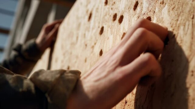 Builder's hand gently touching an osb panel during house construction, highlighting innovative building materials and emphasizing the quality and craftsmanship involved in residential projects