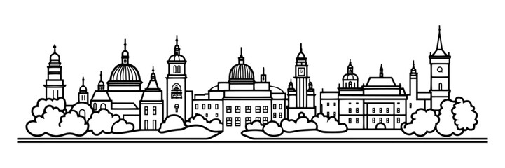 european city skyline with domes and towers line art