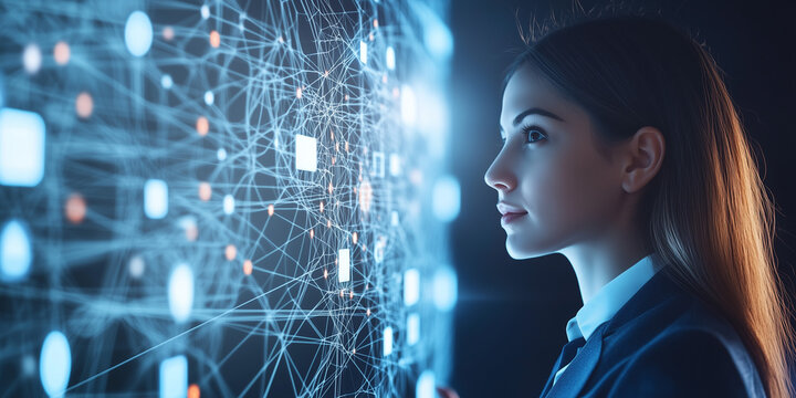 Woman in Blue Suit Observing Digital Network Data Visualization