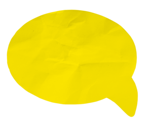 Wrinkled yellow paper speech bubble cut out. Template mock up