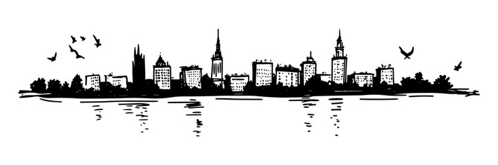 Fototapeta premium modern city skyline reflection with birds line art
