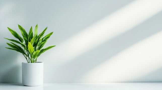 A vibrant green plant in a minimalist white pot sits on a clean surface, showcasing an elegant design that brings a fresh, tranquil vibe to any interior space.