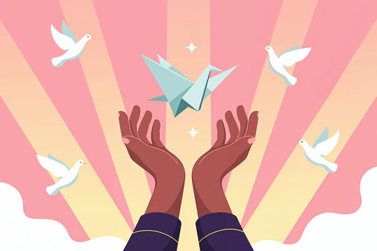 Symbolic illustration of hands releasing origami bird into sky, surrounded by doves and light rays, representing forgiveness