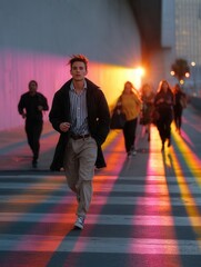 Young Man Running Across Crosswalk During Sunset with Colorful Urban Light Reflection and People Walking
