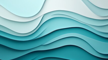 Abstract design with layered wavy shapes in teal and light blue tones.