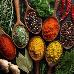 An array of colorful spices beautifully arranged in wooden spoons, a culinary delight
