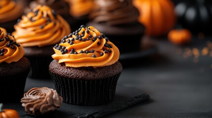 A tempting display of Halloween-themed cupcakes featuring orange frosting with chocolate sprinkles, enticing viewers with their festive appearance and delicious allure for celebrations.