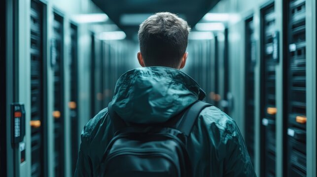 The image depicts a man walking through a data center filled with rows of servers, emphasizing technology, modernity, and the digital age of information storage.