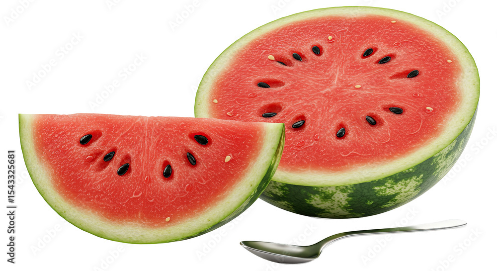 Aufkleber close-up of a ripe watermelon cut open with a slice and a shiny spoon