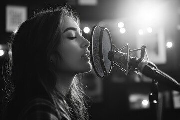 Content creator profession: Woman recording audio in a home office using a condenser microphone, preparing for a podcast or voiceover work., Generative AI