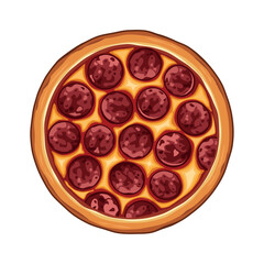 Whole salami pizza top view vector illustration. Pepperoni pizza above view icon isolated on a white background. Pizza with salami and cheese drawing