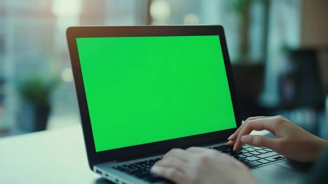 Laptop with Green Screen: A person types on a laptop with a vibrant green screen, suggesting space for customization and content integration. This image highlights the tools of productivity.