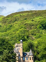 Beautiful view of a castle on a hill in a beautiful town in Clackmannanshire, Scotland