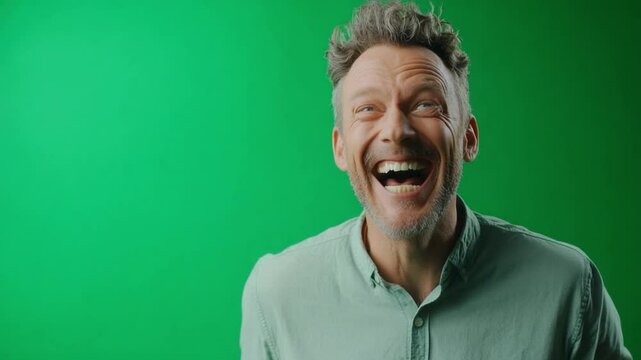 Unbridled Joy: Capturing a man's hearty laughter, radiating pure happiness and exuberance in front of green background. A genuine display of human joy.