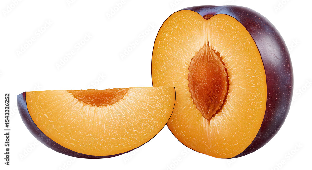 Poster close-up of a ripe plum cut in half with a single slice against a black background