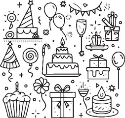 A festive line art illustration featuring birthday-themed icons such as a cake, balloons, gifts, party hats, champagne glasses, fireworks, and decorations, all arranged in a circular layout.