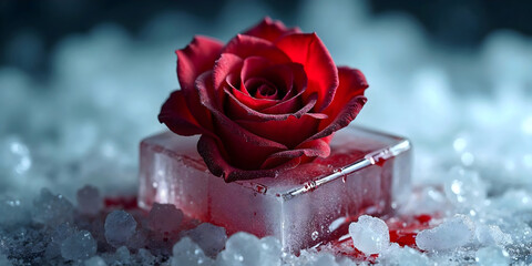 red rose flower on an ice cube love wide with blood wide