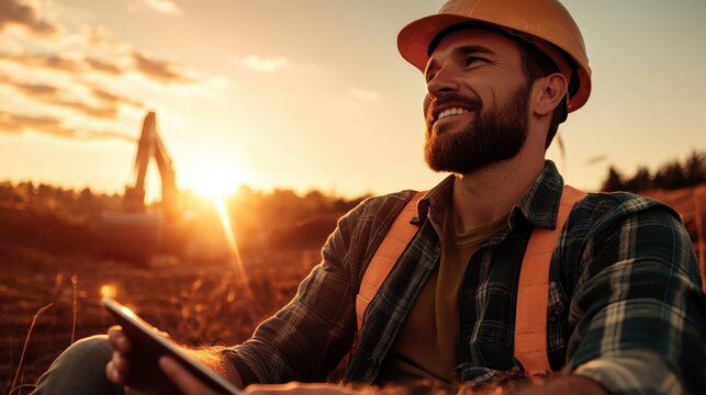 A smiling construction worker wearing a hard hat sits contentedly during sunset, symbolizing hard work and the appreciation for nature's beauty at the end of the day.
