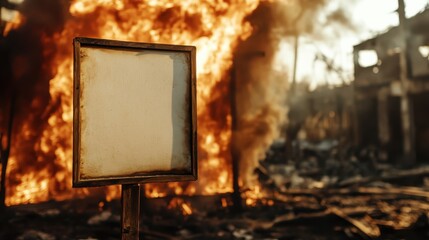 An empty signboard stands amidst the backdrop of a large fire consuming a building, symbolizing destruction, loss, and the aftermath of chaos in an urban environment.