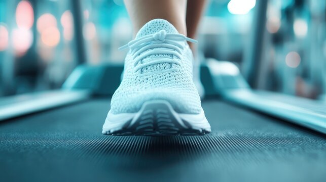 Close-up of a white sneaker stepping on a treadmill belt, emphasizing fitness, determination, and the journey of personal health in a modern gym environment.