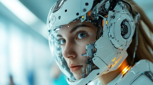 A close-up portrait of a futuristic female cyborg in a sleek helmet, showcasing advanced technology and human-like features, blurring the line between human and machine.