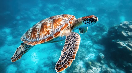 Obraz premium A beautiful sea turtle swimming through crystal clear blue water