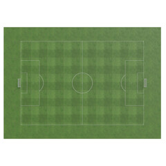 Overhead view of a soccer field, showing the green turf with faint grid markings, the center...