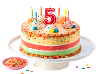 5th year birthday cake with candles isolated on white background