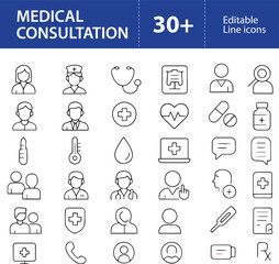 Medical Consultation Line Icon Set , Editable Vector Icons for Online Healthcare, Diagnosis, and Doctor Services

