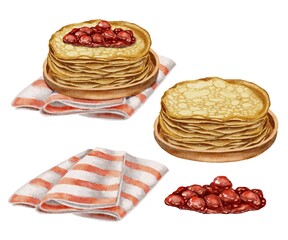 Watercolor illustration of a stack of golden pancakes with cherry jam on a wooden plate and striped napkin set. Ideal for packaging, restaurant menus, cafe branding, and Maslenitsa promotions