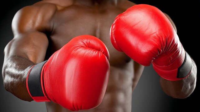 Close-up of a muscular male boxer wearing red gloves in a fighting stance