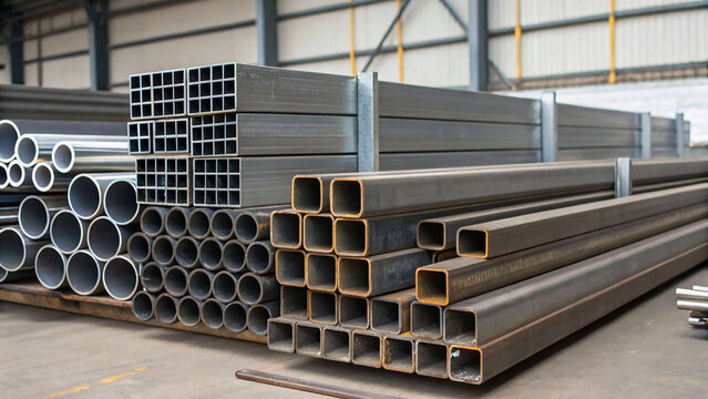 steel pipes in a factory, Stack of rolled metal products, steel pipes and square metal tubes
