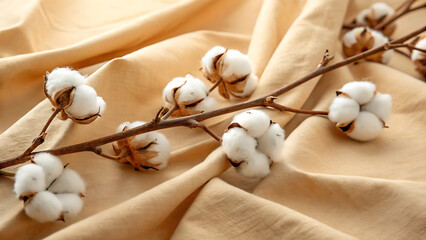 Cotton Branch on Beige Linen Background – Natural Minimalist Composition