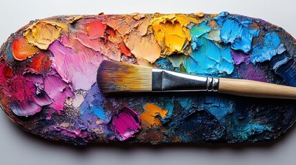 Vibrant paint palette with brush, showcasing diverse colors and textures