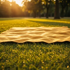 Golden Yellow Blanket on Lush Green Grass in a Park at Sunset
