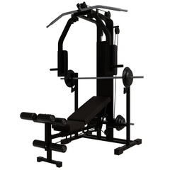 Naklejka premium black home gym multi-station featuring a weight bench, lat pulldown, and various weightlifting attachments. Ideal for strength training exercises. Compact design, suitable for home use