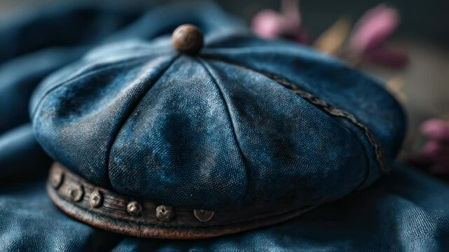 Vintage blue cap on textured fabric, a timeless accessory with artistic craftsmanship details