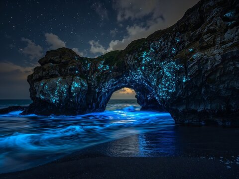Coastal Rock Arch at Night with Bioluminescent Waves and Starry Sky
