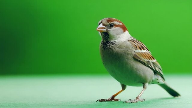 Sparrow Perched: A charming sparrow stands with alert curiosity against a vibrant backdrop, its feathers elegantly detailed in a stunning photorealistic view.