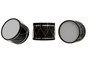 Three black cylindrical drums with off-white drumheads and gold-toned detailing, angled at various...