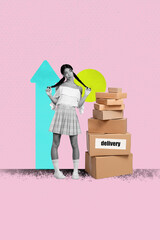 Vertical pop poster image art collage of happy girl guy carry delivery box arrow direction shipment...