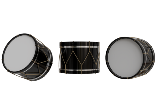 Three black cylindrical drums with off-white drumheads and gold-toned detailing, angled at various positions against a black background; showcasing the instrument's design from multiple perspectives