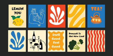 Charming Vector banner set with modern hand-drawn food elements and catchy slogans like “Berry Sweet Days” and “Eat Your Trees.” Ideal for menu design, social media, or poster mockups.

